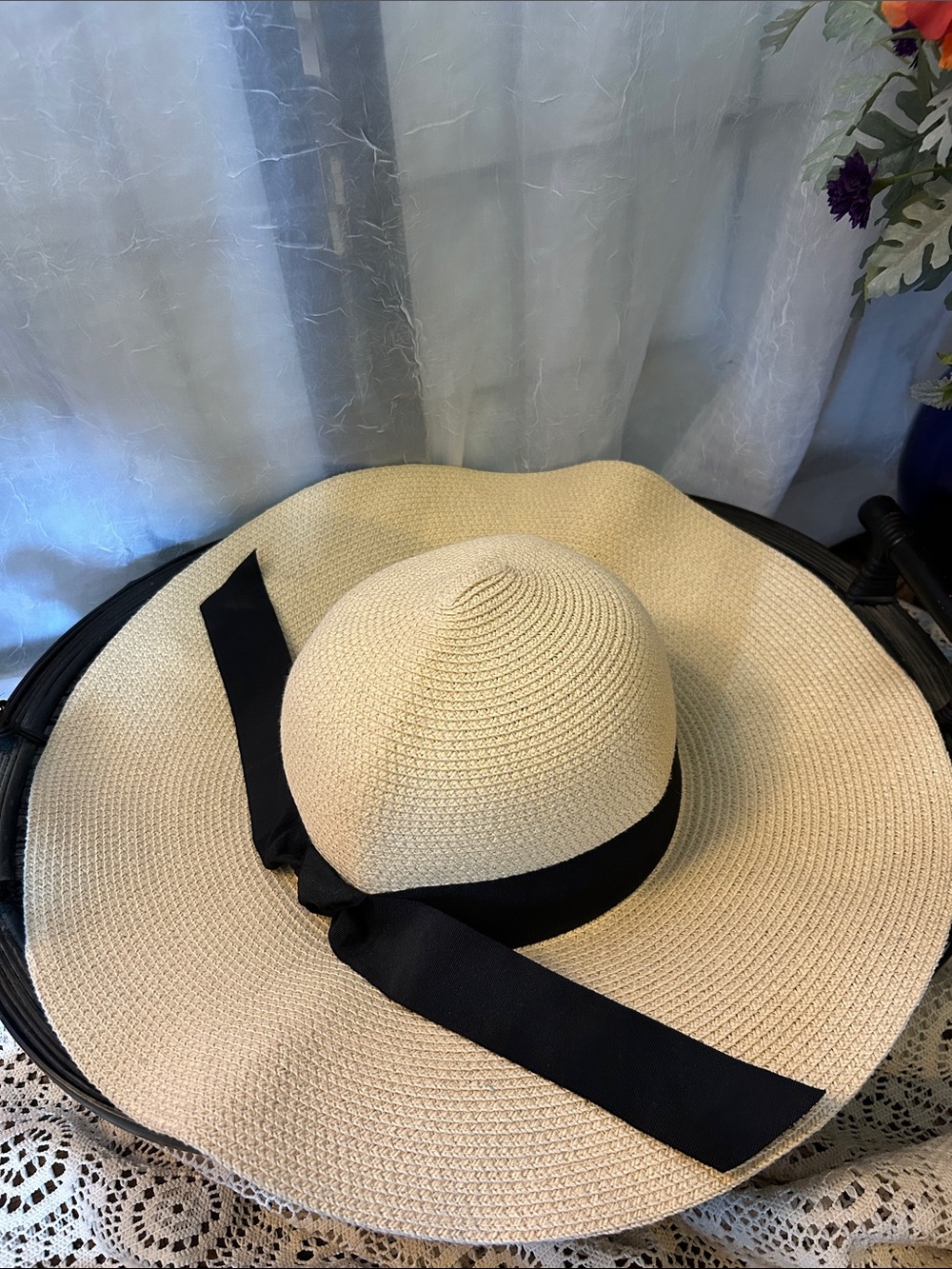 Wide-Brim Straw Sun Hat with Black Ribbon